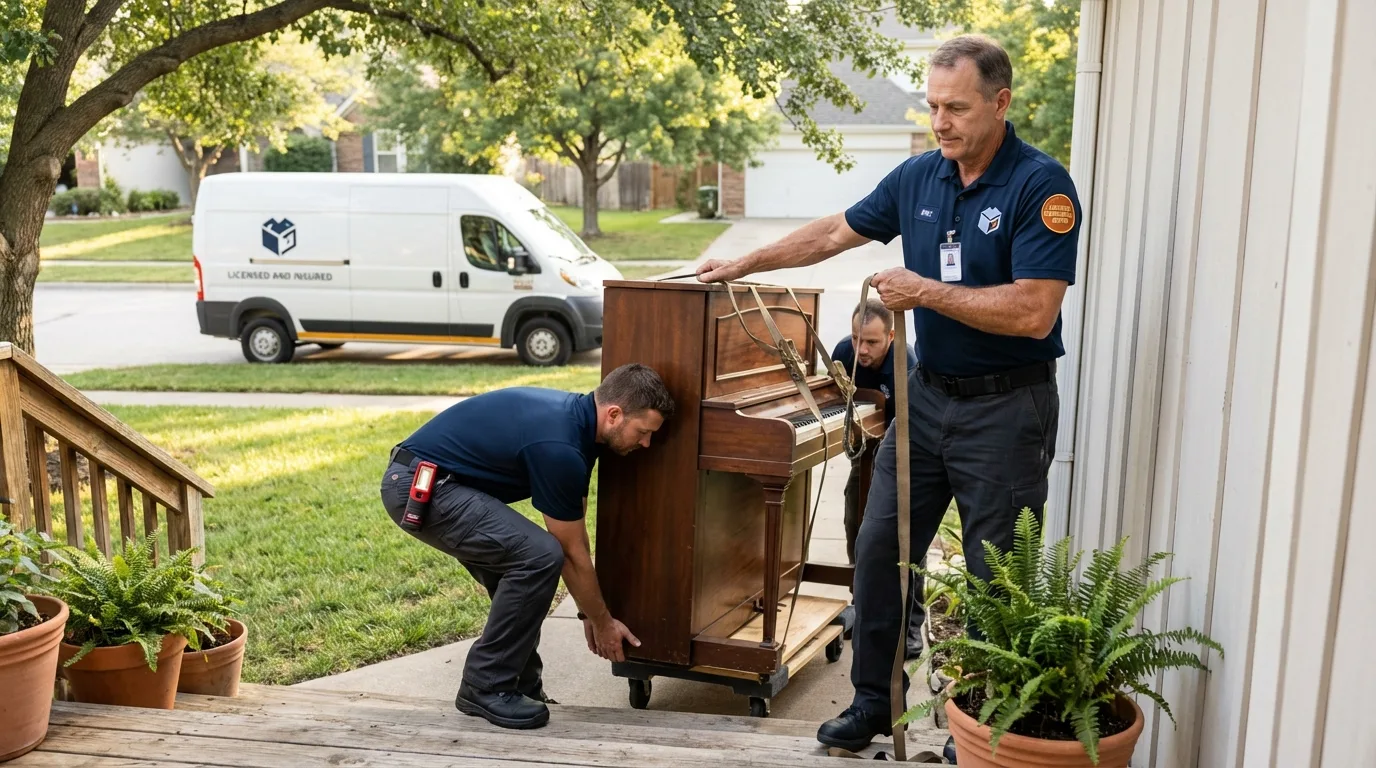 Licensed piano movers securing grand piano in Dallastown, PA