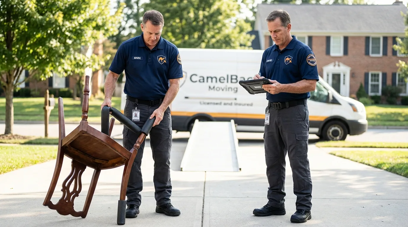 Movers inspecting furniture for damage prevention before loading in Dallastown, PA