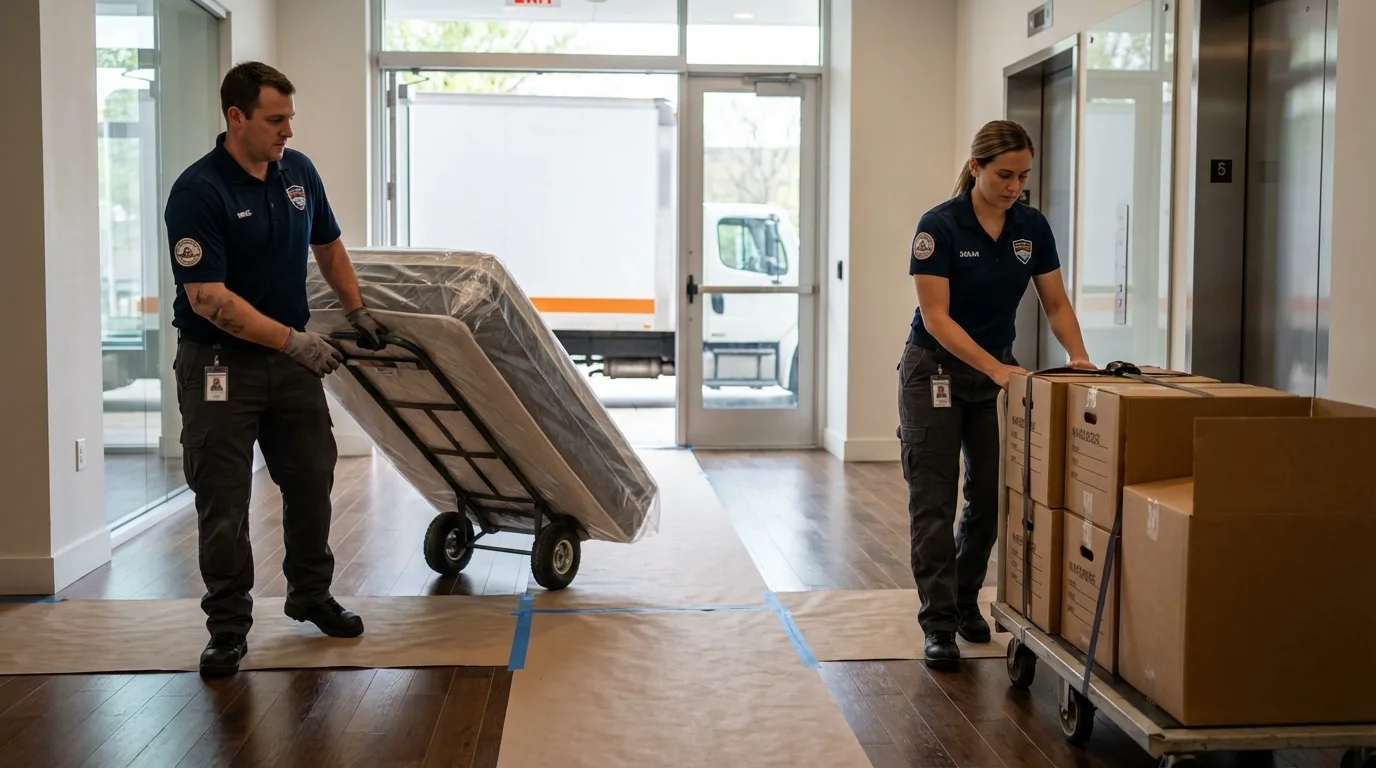 Professional apartment movers loading elevator in Dallastown, PA
